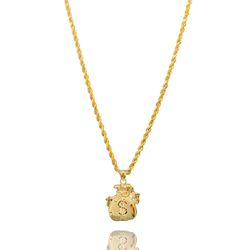 24” 10K Yellow Gold Diamond Cut Rope Chain With 10K Money Bag Pendant