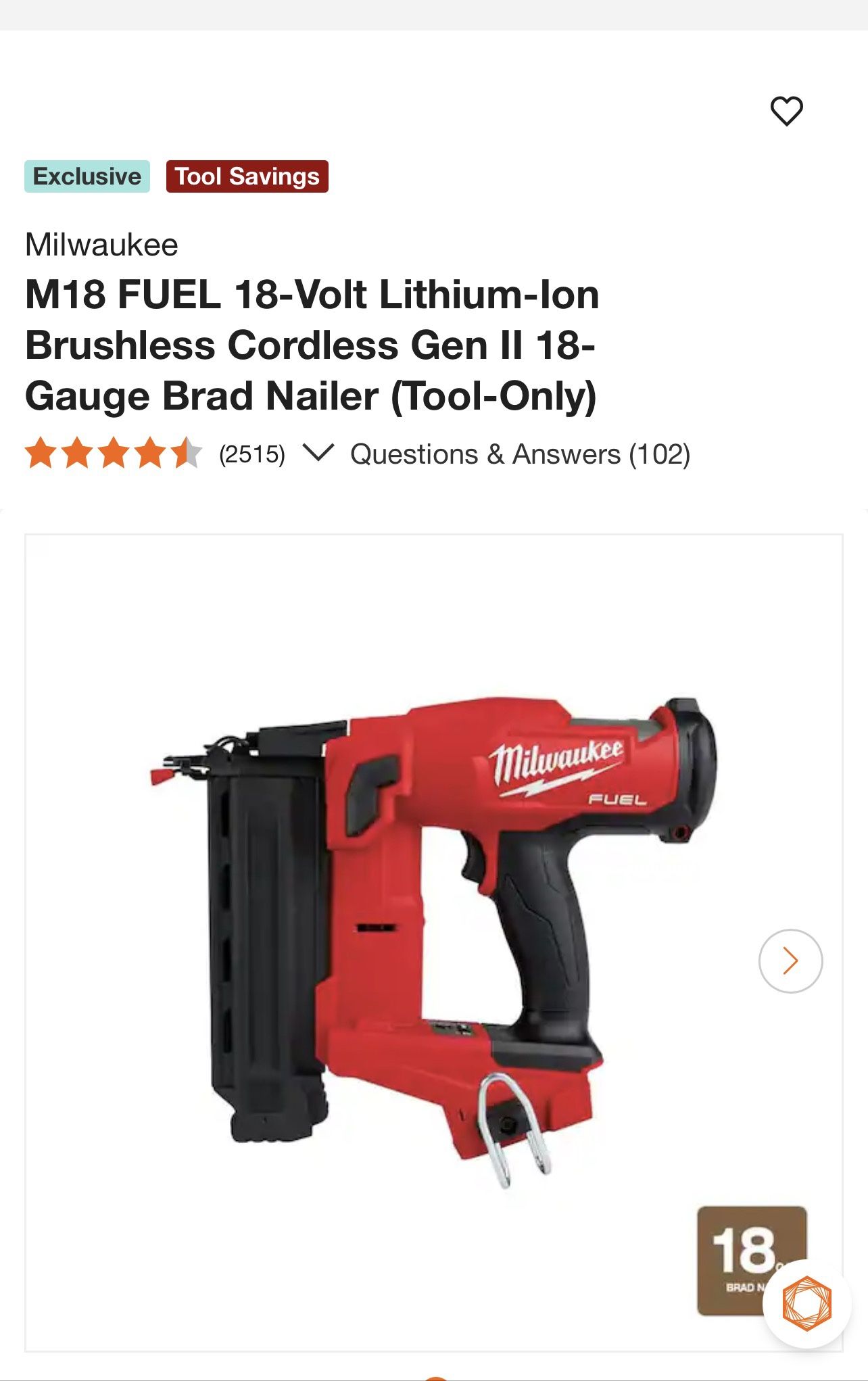 Milwaukee M18 FUEL 18-Volt Lithium-Ion Brushless Cordless Gen II 18-Gauge Brad Nailer (Tool-Only)