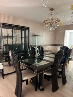 Modern Glass and Mirror Dining Table, 6 Chairs and Hutch
