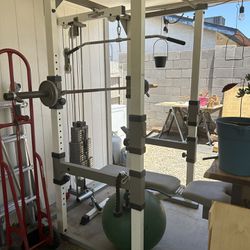Work out Bench with weights and squat bar