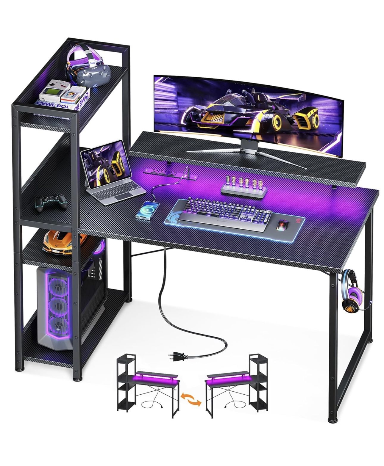 ODK Reversible Gaming Desk LED Lights, 40 Inch Computer Desk with Storage Shelves & Monitor Stand, Study Table for Home Office, Small Space Bedroom, C
