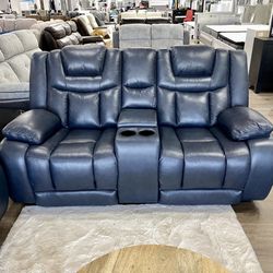Genuine Leather Reclining Power Sofa Loveseat + FREE RUG 