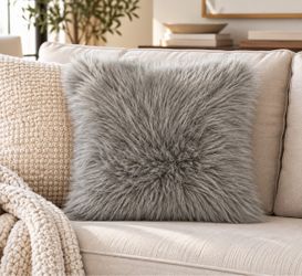 HomeGoods Gray Faux Fur Throw Pillow – 16” x 16”