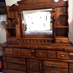 Solid wood Vintage Dresser With Hutch Mirror 