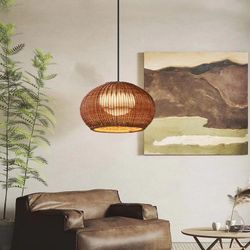 Hand-Woven Rattan Pendant Light,Waterproof Outdoor Lighting Fixture,Adjustable Pendant Hanging Lamp