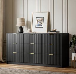 Black 9-Drawer Dresser and Set of 2 Nightstands with Fluted Detail
