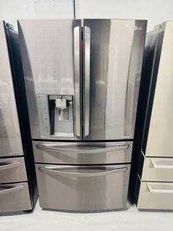 LG black stainless steel refrigerator (36" x 69" x 25") with a receipt for a 90-day warranty