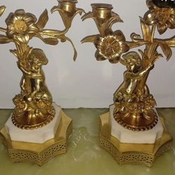 Antique French Bronze Cherubs Candelabras With Marble Base 