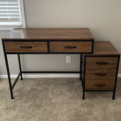Rustic Brown Computer Desk With 5 Drawers And Printer Stand