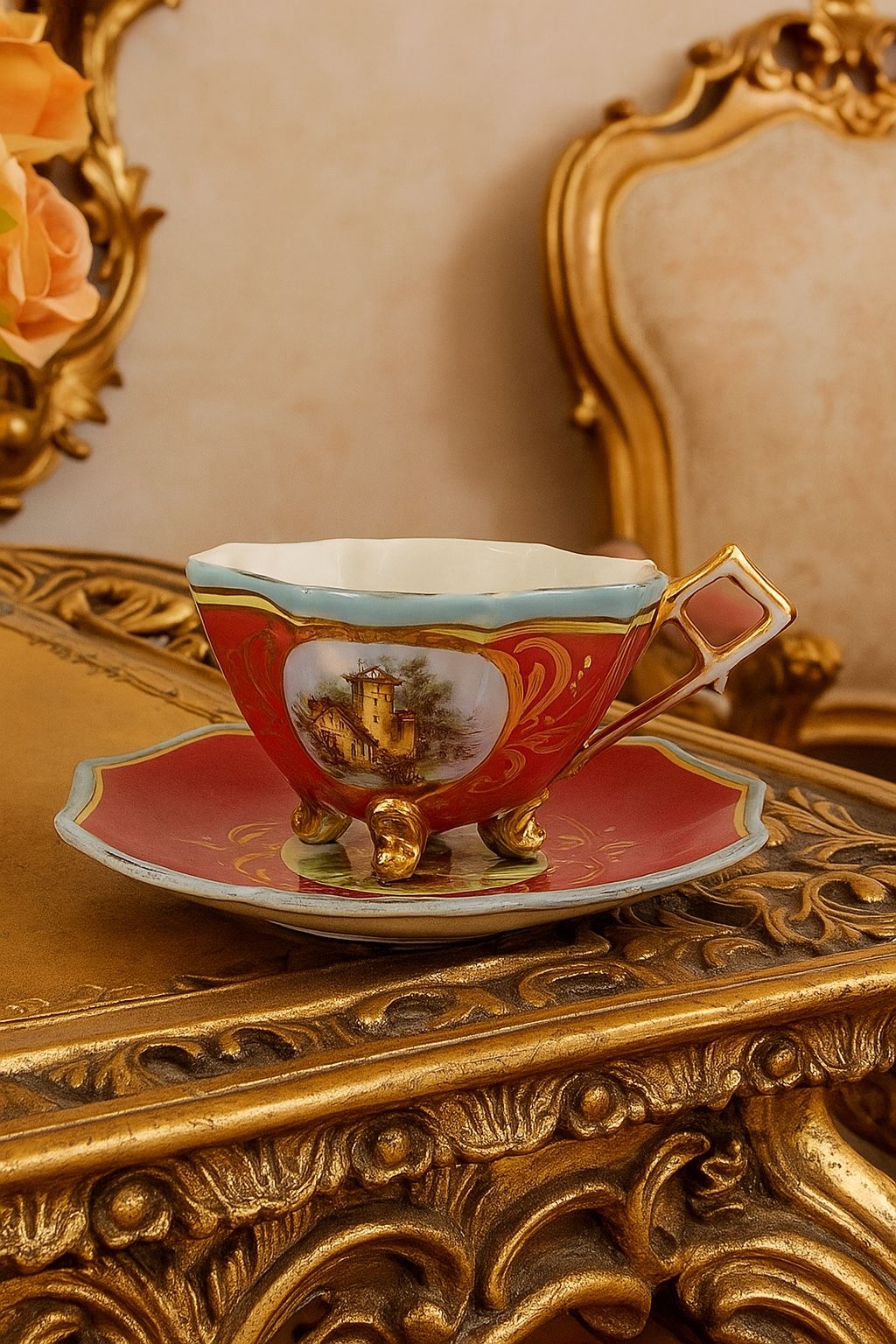 L & R Austria Antique Hand-Painted Footed Red Gold Demitasse Cup & Saucer
