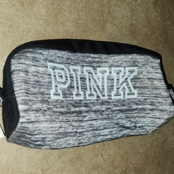NEW W/ TAGS VICTORIA SECRET PINK GRAY BLACK LOGO MAKEUP SCHOOL PENCIL BAG STORAGE CASE