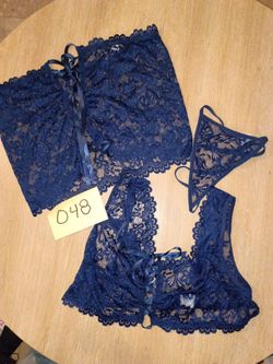 Navy Blue Lace Lingerie 3-Piece Set size large to One XL