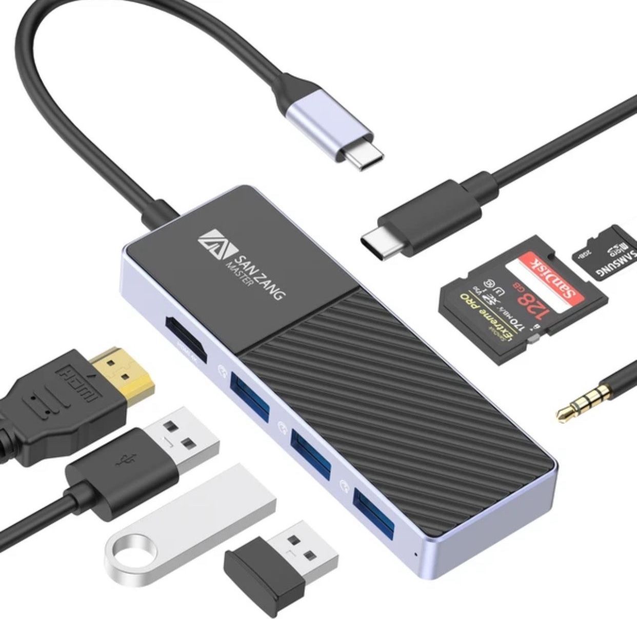 SANZNAG Type-C 8 In 1 Multi-Function Docking Stations USB 3.0 5Gbps Support HDMI 4K@30Hz and TF/SD Amphi Card for Windows Mac OS