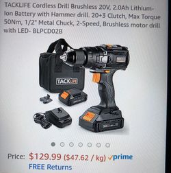 Clearance🔥ATACKLIFE Cordless Drill Brushle🔥ss 20V, 2.0Ah Lithium-Ion Battery with Hammer drill. 20+3 Clutch, Max Torque 50Nm, 1/2&quot; Metal Chuck,