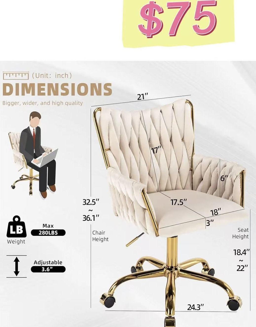 😀 Westice Velvet Desk Chair, Office Gold Comfy Chair with Hand Woven Back, Height Adjustable Swivel Chair with Comfy Upholster, Beige, $75