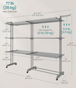 SONGMICS Clothes Drying Rack 4-Tier Foldable Laundry Drying Rack w/ Extendable Rods Stainless Steel - Gray
