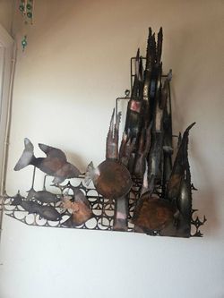 Vintage Mid-Century Brutalist Metal Wall Sculpture Torch-Cut Seascape - $275 obo