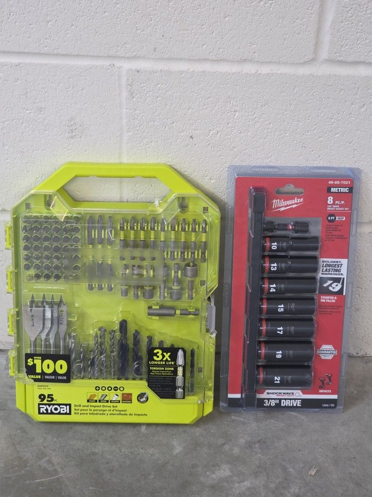Milwaukee Shockwave 3/8 Impact Sockets And Ryobi 95 Piece Drill + Impact Bit Set