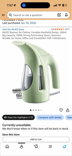 HiLIFE Portable Handheld Clothes Steamer Green