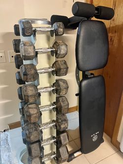 Hex Dumbbell Set with Rack and Adjustable Bench