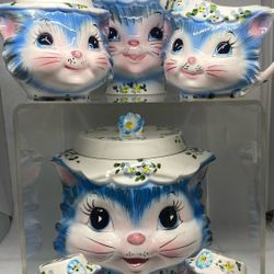VNT Blue Lefton “Miss Priss” 6 Piece Tea Set, Cookie Jar, & Salt & Pepper