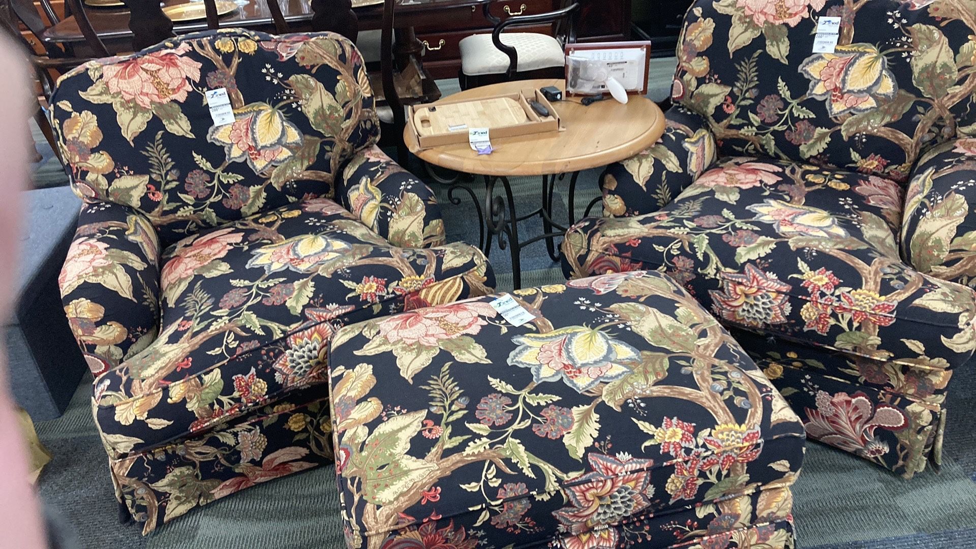 Black Floral Chair With Ottoman (x2)