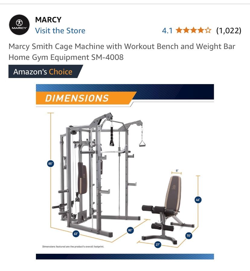Marcy Smith Cage Machine with Workout Bench and Weight Bar Home Gym Equipment SM-4008