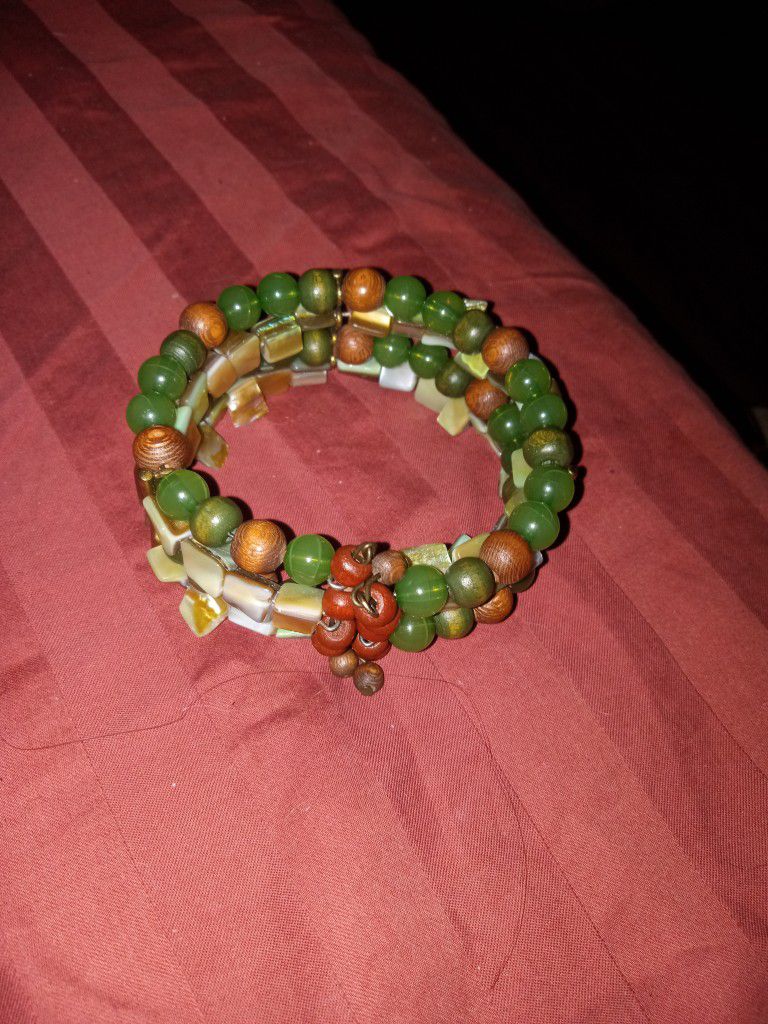 Snap Bracelet Green And Green Or Glass Brown Or Wood