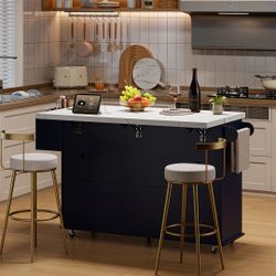 Kitchen island cart with faux marble top and power outlet