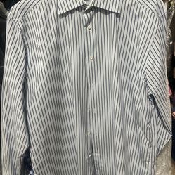 Ermenegildo Zegna Men's White Blue Striped Dress Shirt 17 34/35 Long Sleeve
