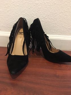 Black fringe heels