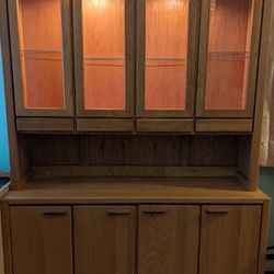 Two Piece Wooden Hutch/Cabinet Glass Doors And Shelves