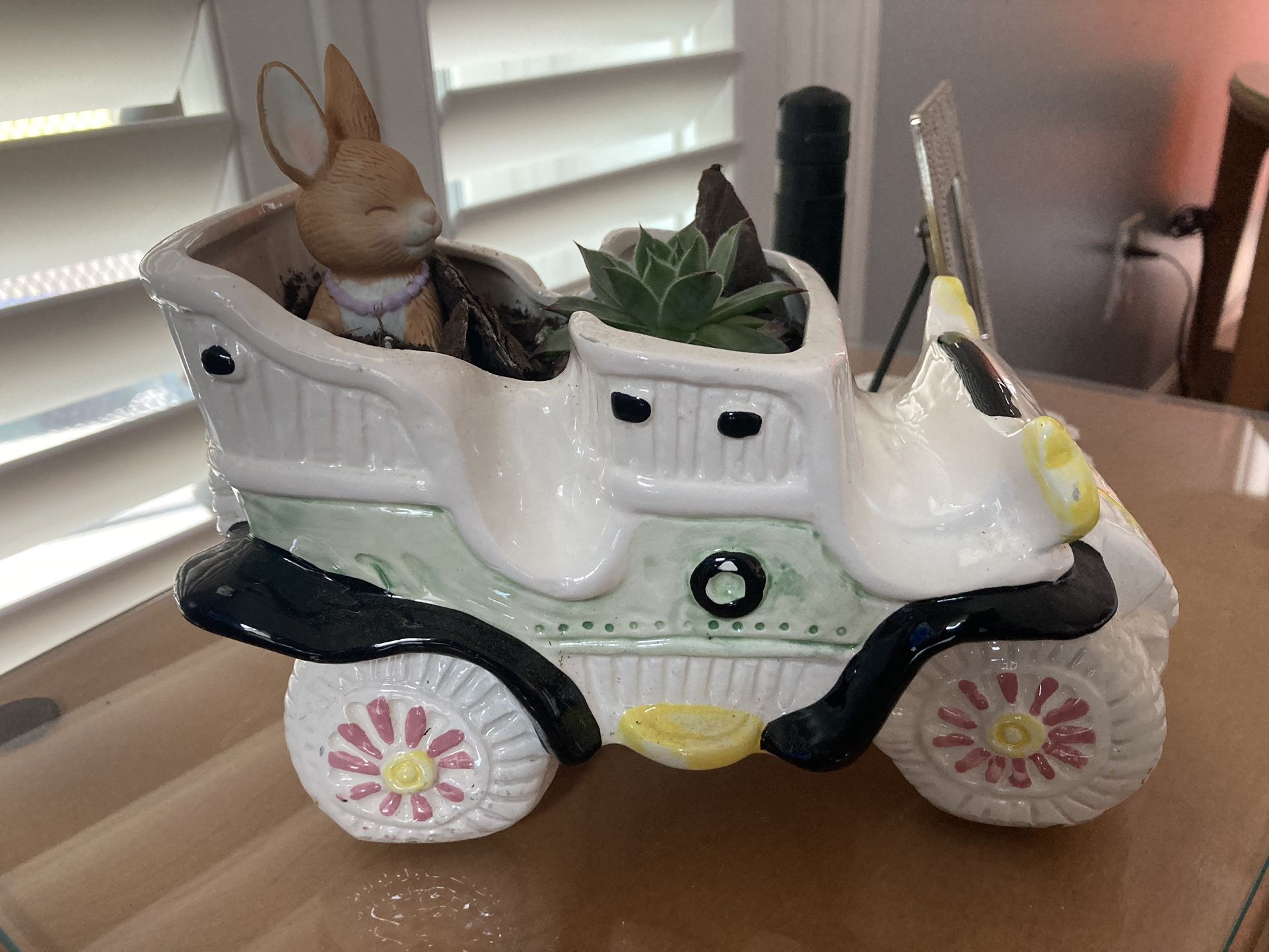 Perfect Succulent Planter- Vintage 7" Ceramic Car Planter 1903 Cadillac Pink Wheels Japan