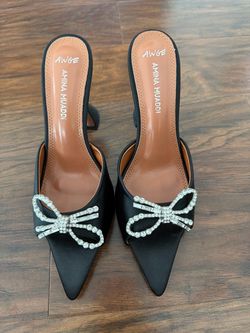 Black Satin Rhinestone Bow Pointed-Toe Heels Size 40
