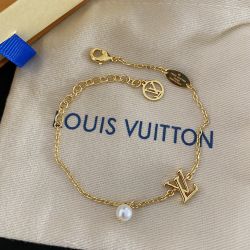 Womens Gold LV Lettering with Pearls Bracelet