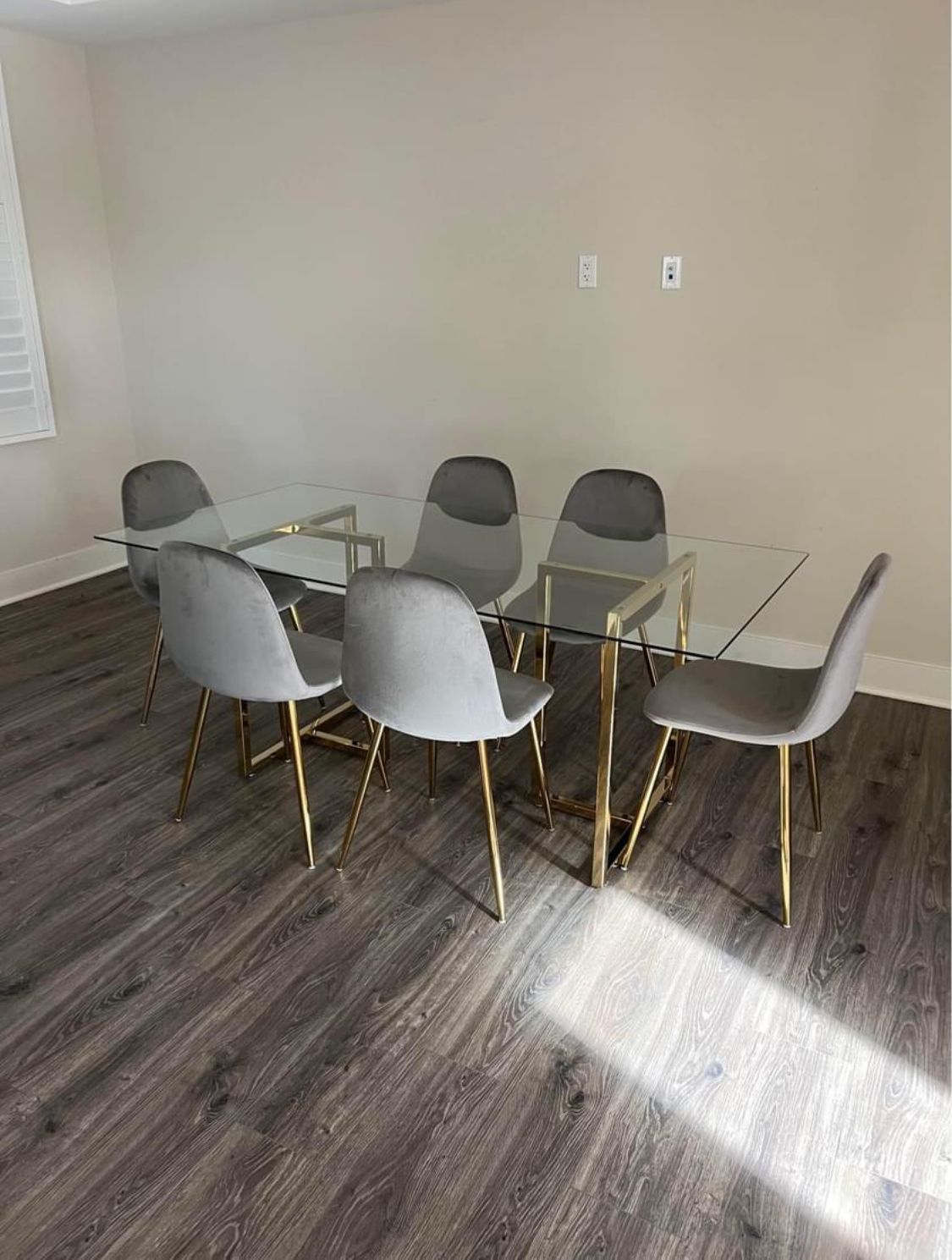 Big Glass Dining Table and 6 Gray Velvet Chairs