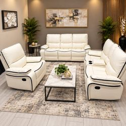3-Piece White Leather Recliner Sofa Set