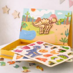 Magnetic Dinosaur Puzzle Play Set for Kids, Wooden Matching Toy