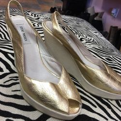 Gold Sling Back Open Toe Wedge
