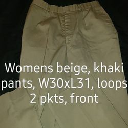 Womens Chinos type Beige pants w30x31L, 2 side pockets, belt loops.