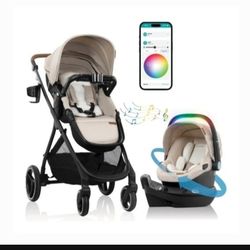 EVENFLO Shyft Intuiti+ Travel System featuring Revolve180 LiteMax NXT Preemie & Infant Car Seat with SensorySoothe and Green & Gentle (Champagne)