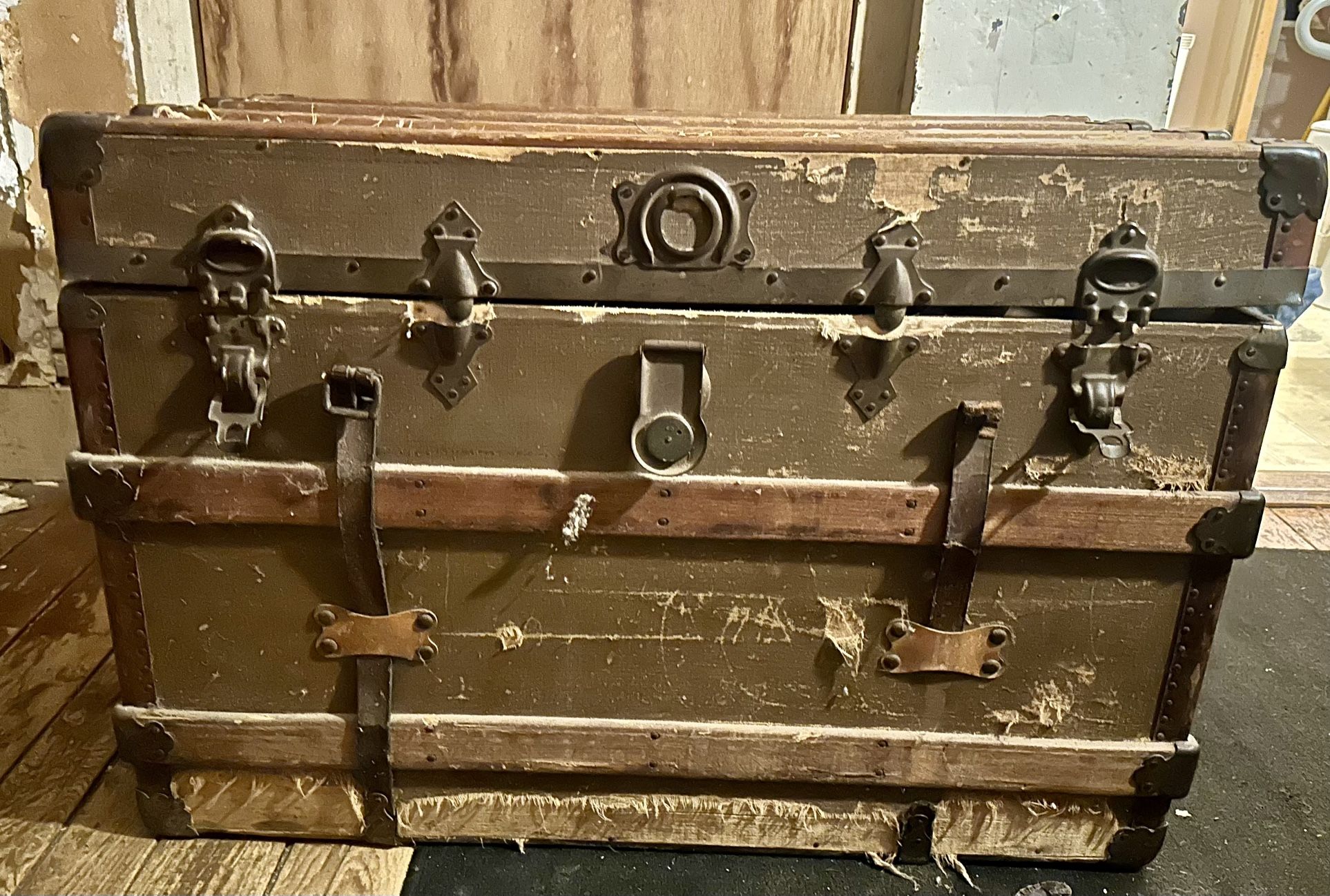 Antique Henry Likly Flat Top Leather Strap Wooden Slat Steamer Trunk Chest