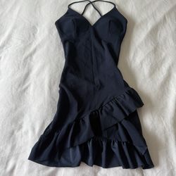 Midnight Navy Ruffle Hem Mini Dress – Crisscross Back with Built-In Padding - Size Small