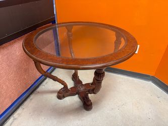 Wood round glass top table