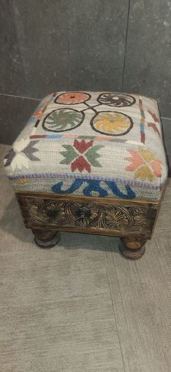 Vintage Hand-Carved Wooden Footstool with Authentic Kilim Upholstery | Boho Accent Ottoman