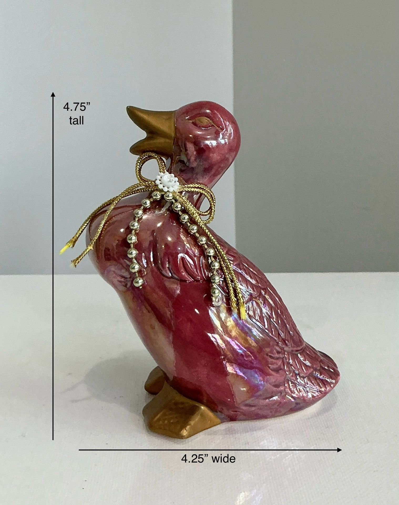 Small Vintage Iridescent Cranberry & Gold Fire Glazed Clay Bird Figurine with Beaded Accent