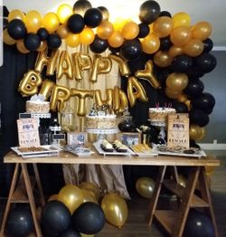 Balloon garland, backdrop and candy table.