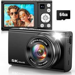 new 5K 96MP Digital Camera for Photography with 6X Optical Zoom,2026 Upgraded Autofocus Vlogging Camera for YouTube with Dual Lens, 64GB Card, Flash, 