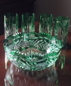 Gorgeous Vintage Bohemian Handcut Bowl and Hungarian Ajka Multi- Faceted Tumblers/Glasses (4)