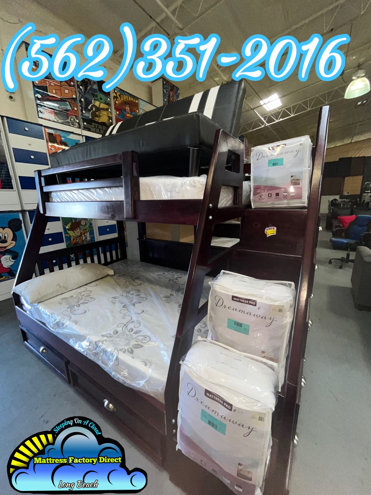 Storage Twin Full Cherry Bunk Bed With Staircase & Drawer With All 3 Mattresses